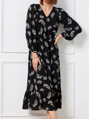 *Talbots Black Stretch Crepe Floral Chrysanthemum Blooms Flounce Hem Midi Dress